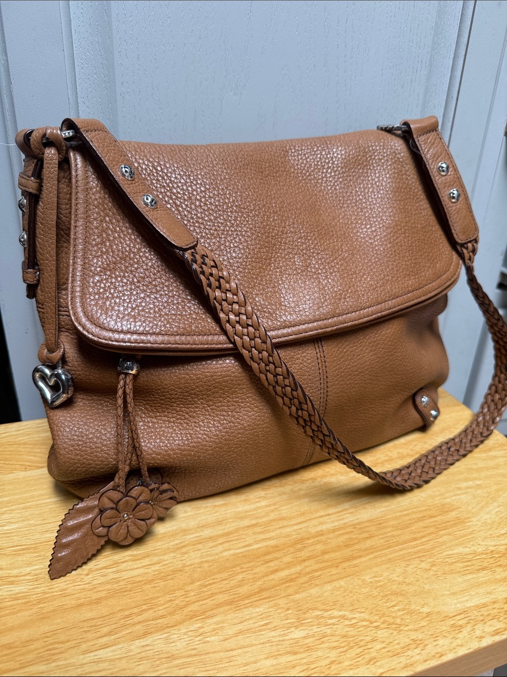 Brighton Tan Pebbled Leather Shoulder Bag with Floral Tassel